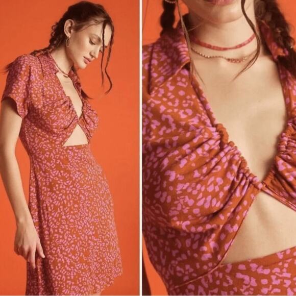Free People NWT Marsaille leopard print tie mini dress rust pink combo Med - Picture 1 of 9